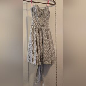 Betsey Johnson | Blue & white striped strapless dress with bow on back | Size 6